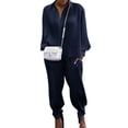 thumbnail image 1 of Txlixc, 2 uds., conjuntos de otoño para mujer, camisa de manga larga con solapa acanalada de Color sólido + traje de pantalón largo para mujer, negro/verde/blanco/azul Txlixc  Moda, 1 of 6