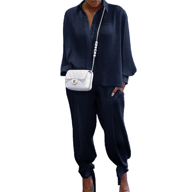 Txlixc, 2 uds., conjuntos de otoño para mujer, camisa de manga larga con solapa acanalada de Color sólido + traje de pantalón largo para mujer, negro/verde/blanco/azul Txlixc Moda