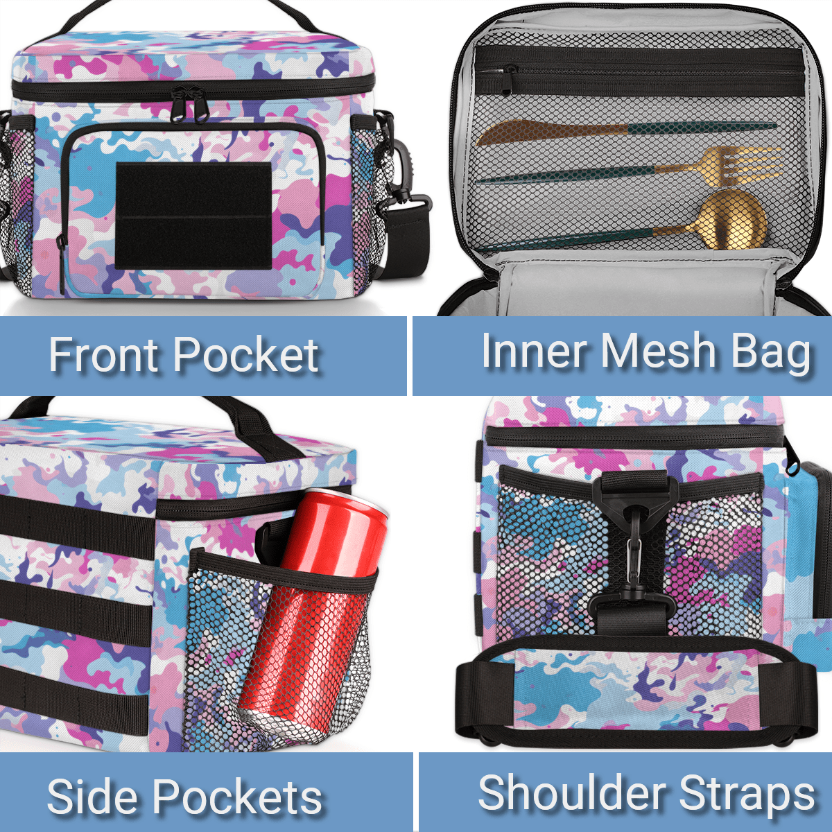 Insulated Tactical Lunch Bag with Detachable Strap,Camouflage-Design Cooler Bag for Office & Outdoor, Water-Resistant Meal Prep Bag with Multi-Pockets