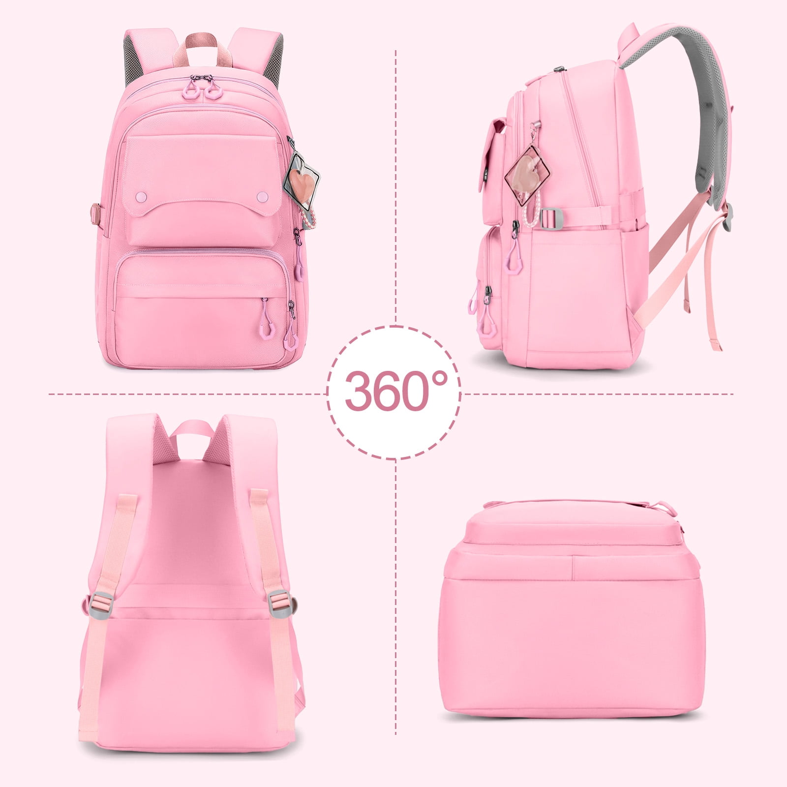 Inadays School Backpack, Large Capacity Bookbag for 15.6 Inch Laptop, Water-Resistant Cute Girlish Backpacks for Teen Adults Tween, Lightweight Travel Daypack for Primary Middle School College, Pink