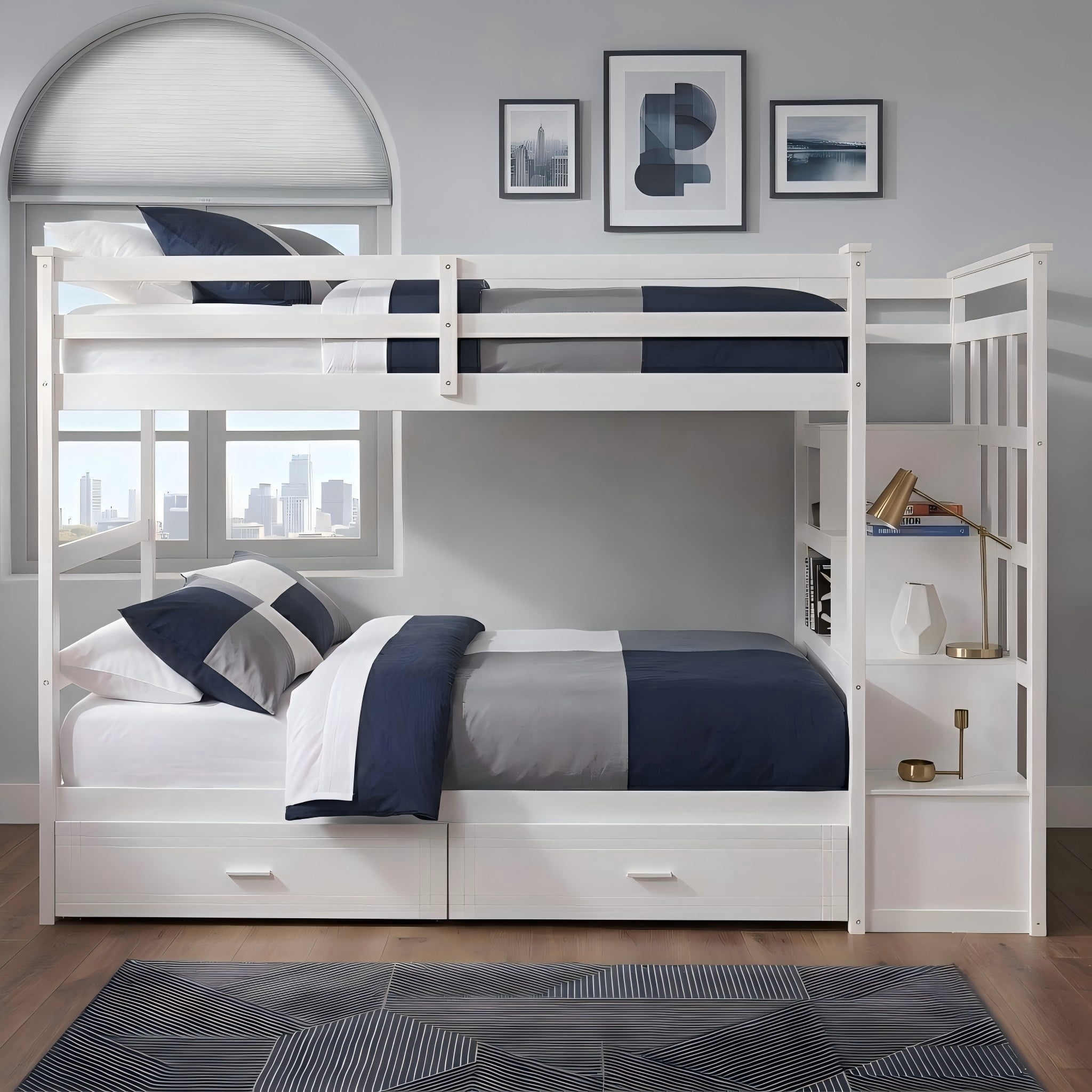 Aukfa Twin over Twin Bunk Bed with 7 Storage Drawers, Wood Bunk Bed with Staircase, Space Saving Design for Kids Bedroom, White