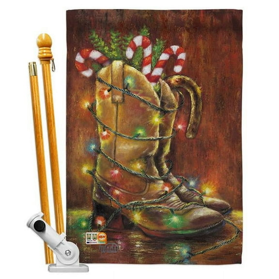 Breeze Decor BD-XM-HS-114002-IP-BO-D-US15-SB 28 x 40 in. Xmas Boots Winter Christmas Impressions Decorative Vertical Double Sided House Flag Set with Pole Bracket & Hardware