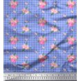 thumbnail image 1 of Soimoi Tissu en Voile de Coton Bleu Imprimé Fleurs Roses & Carreaux Tissu de Couture BTY 56 Pouces de Large, 1 of 5