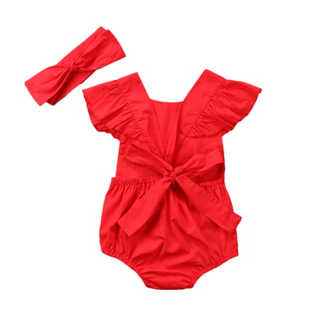 Newborn Kids Baby Girls Infant Romper Bodysuit Clothes Headband Outfits Sets Red 0-6 Months