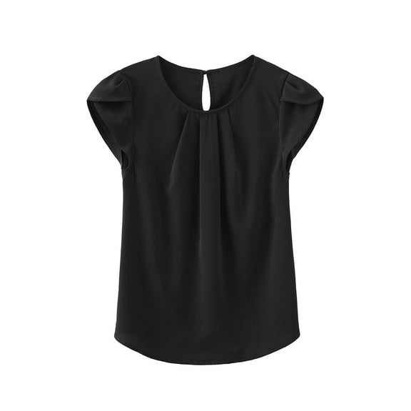 Women's Casual Round Neck Basic Pleated Top Cap Sleeve Curved Keyhole Back Chiffon Blouse