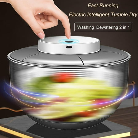 Electric Salad Spinner 4.8L Large Capacity Stainless Steel Vegetable Dryer Fruit Washer USB Rechargeable Automatic Food Dehydrator for Kitchen