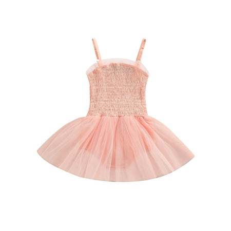 

Calsunbaby Toddler Baby Girls Sleeveless Jumpsuit Solid Color Casual Spaghetti Strap Princess Pleated Mesh Romper Dress Pink Orange 3-6 Months