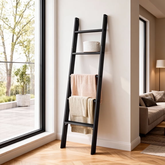 LEDREM 5-Tier Decorative Blanket Ladder and Ladder Shelf, Rustic Farmhouse Leaning Rack for Blankets, Towels, or Home Decor, Ebony Black