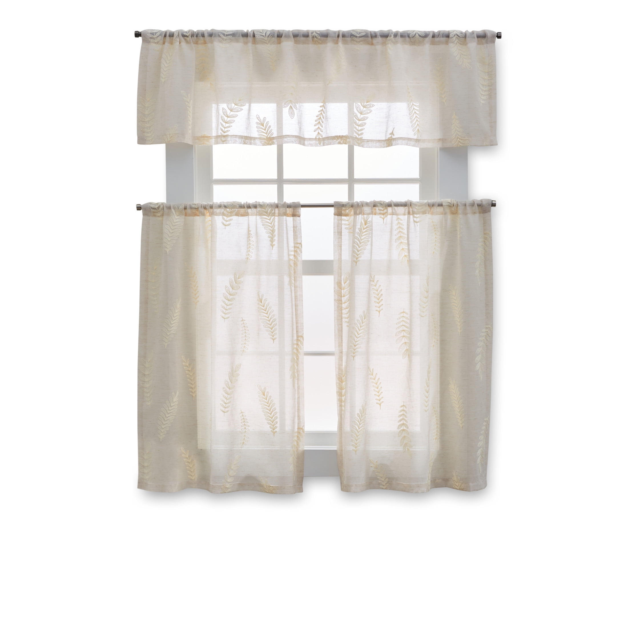 Better Homes & Gardens Embroidered Botanical Valance & Tier Set, 3-Piece Curtain, Indoor, Papyrus Beige, 60" W x 36" L, Adult, Teen