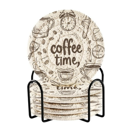 

Coil Coasters Set of 6，Coffee Time Now3.94-inch diameter printed on one side non-slip heat-insulating moisture-wicking home accessory.