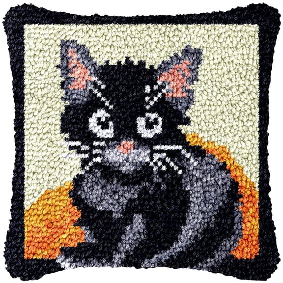 Black Cat Latch Hook Pillow Kits for Beginner Needle Crochet Yarn Kits with Stamped Canvas Embroidery Cushion Hook and Latch Throw Pillow Home Sofa Decoration 43x43cm