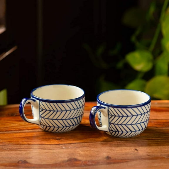 India Meets India Ceramic Coffee/Tea/Latte/Hot Chocolate Mugs [White], Indigo Chevron Hand-painted Ceramic Coffee/Tea Mugs for Hot & Cold Beverages, Set of 2 Novelty Mugs, 10 OZ (300 ML)