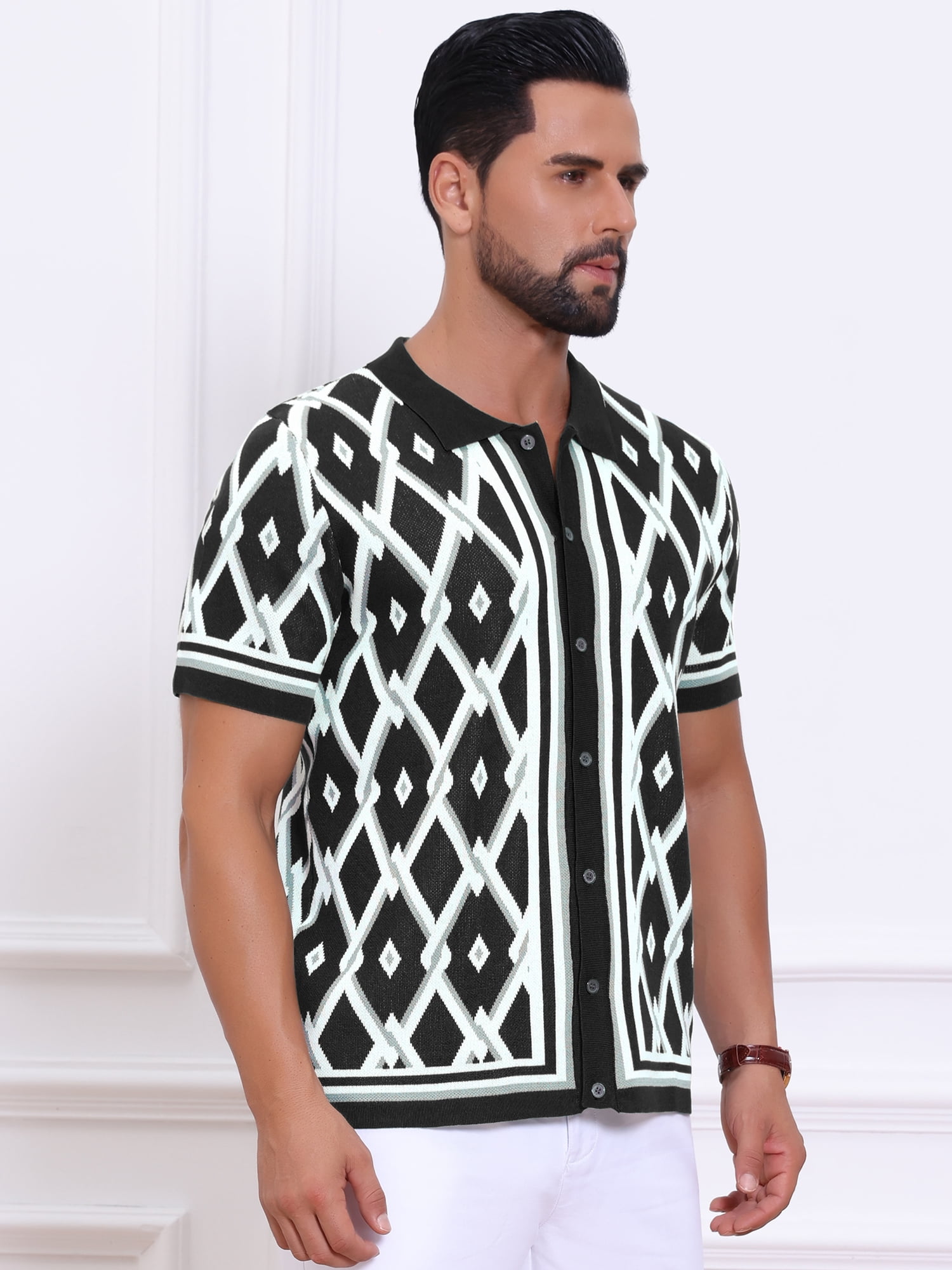DARING DIVA Men's Short Sleeve Button Down Plaid Knitted Argyle Polo Shirt L Black