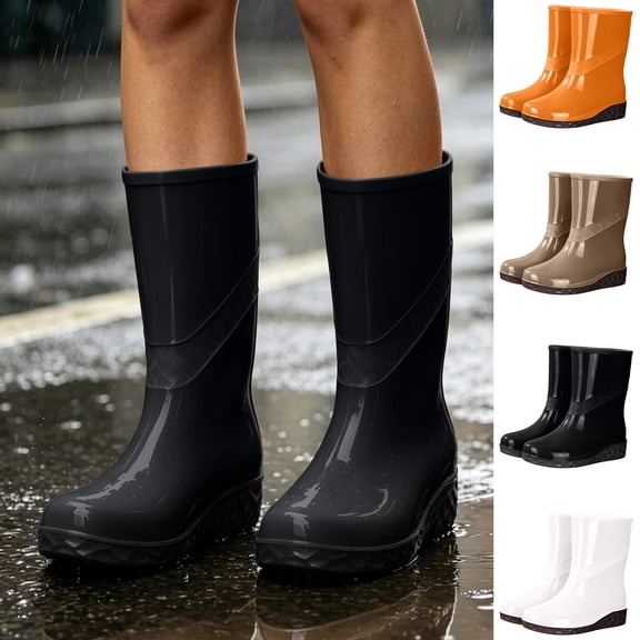 Women Mid Calf Glossy Rain Boots, Waterproof Rubber Wellies, Non Slip Wedge Sole Fashion Mud Boots, Lightweight Outdoor Gardening Rain Footwear White 8.5(41)