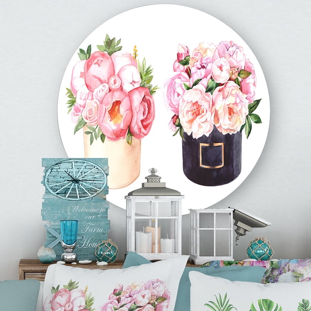 Designart - Boîte à Fleurs avec Pivoines et Rose - Art Mural en Métal de Ferme