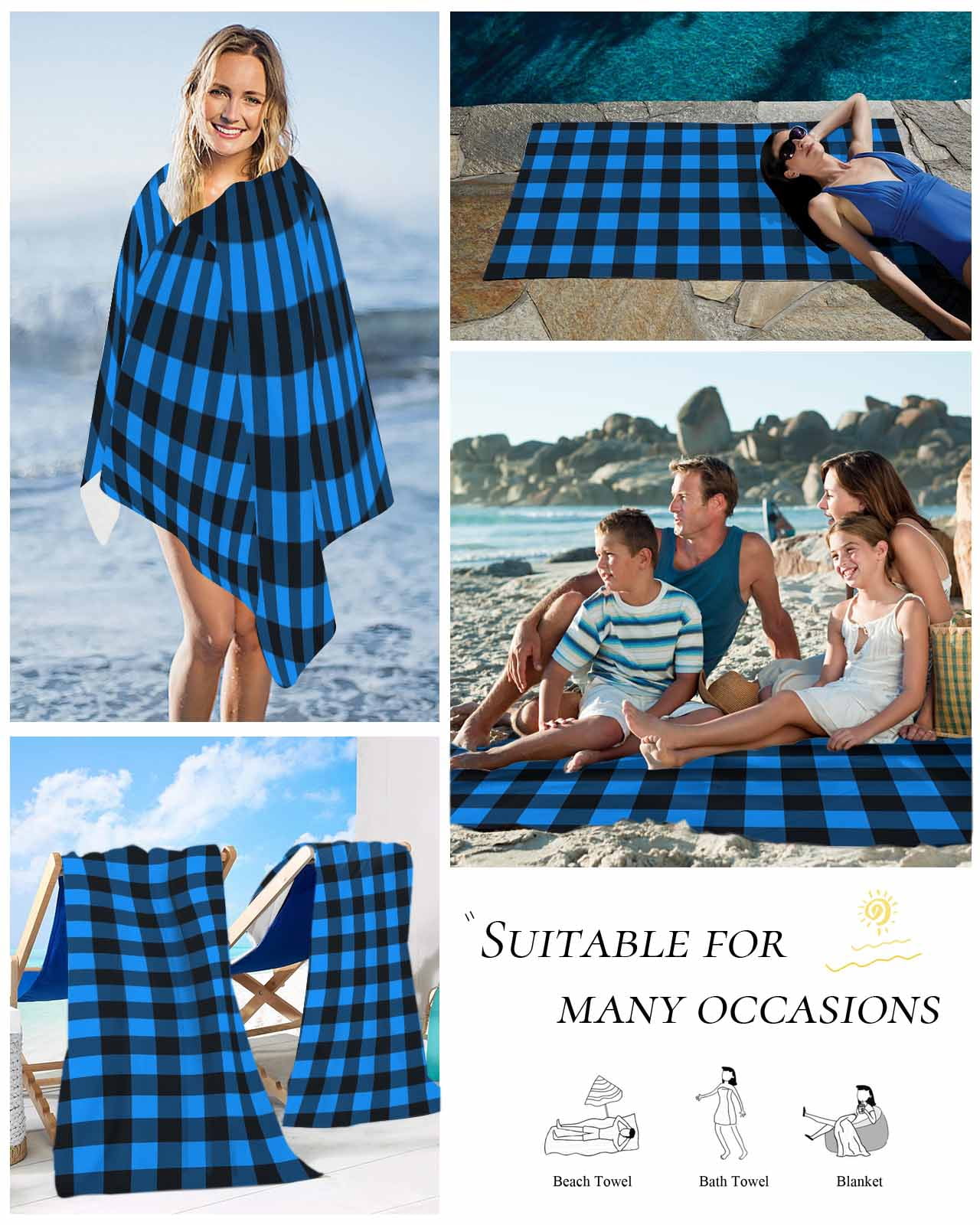 Black Blue Plaid Beach Towels Oversized Super Absorbent, Country Buffalo Checked Gingham Lightweight Bath Towel Quick Dry Sets For Bathroom/Pool/Rv Camping/Beach Play/Gym Room/Picnic 31"x62"