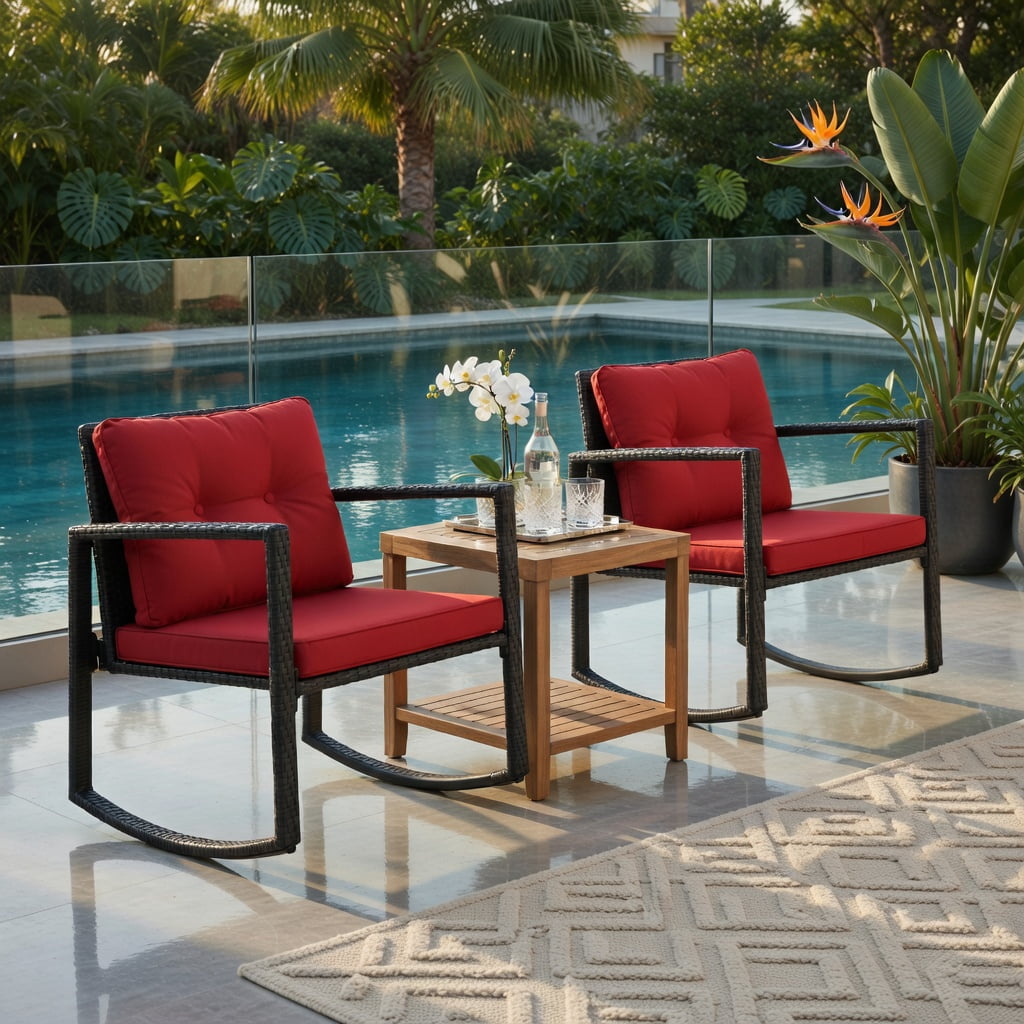 Hommoo 3-Piece Outdoor Wicker Rocking Bistro Set with Tempered Glass Coffee Table & Storage Shelf, Red