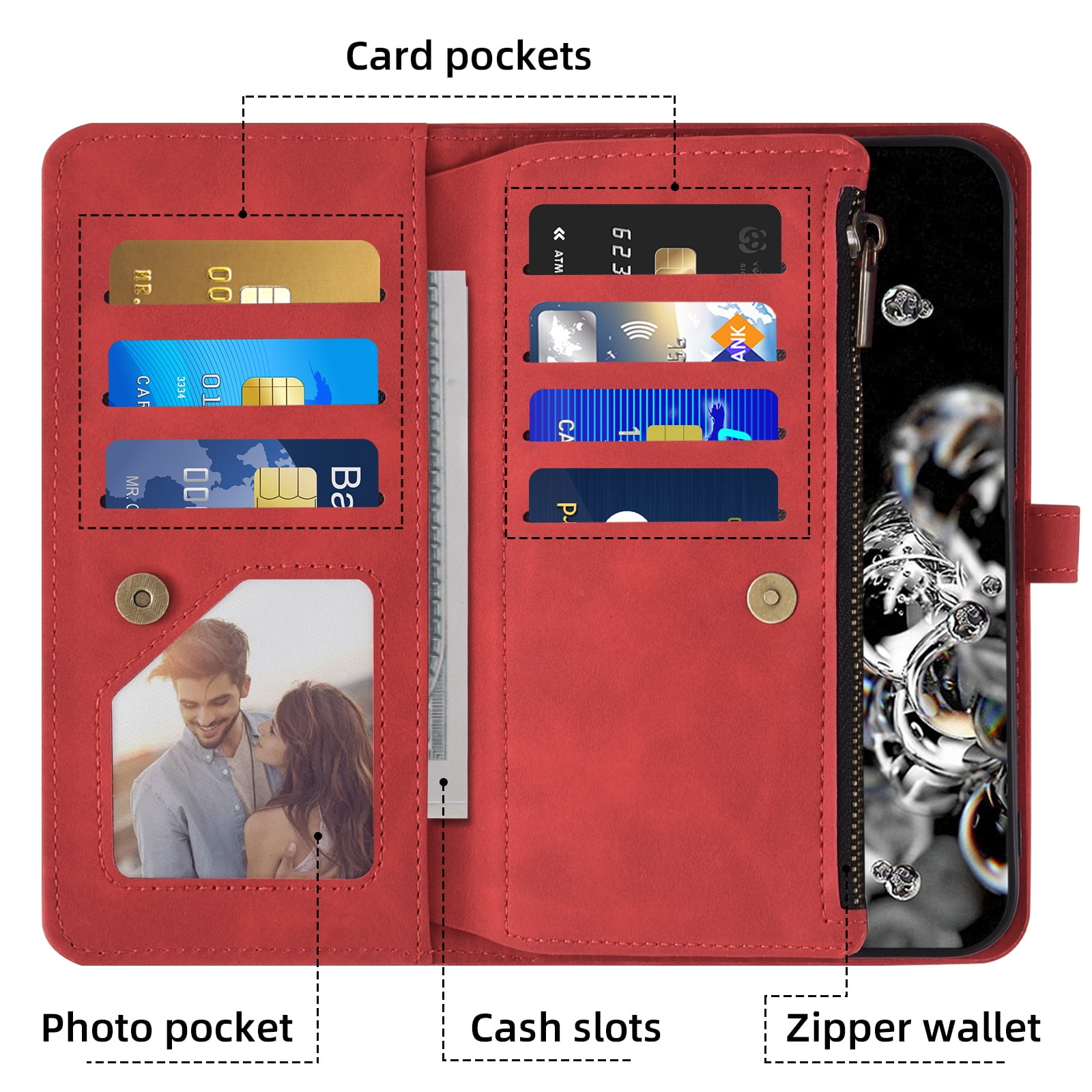 Asuwish Phone Case for Samsung Galaxy S20 Ultra 5G Wallet Cover With Tempered Glass Screen Protector Wrist Strap Flip Pattern Zipper Credit Card Holder Cell S20ultra 20S S 20 A20 S2O 20ultra G5 Red