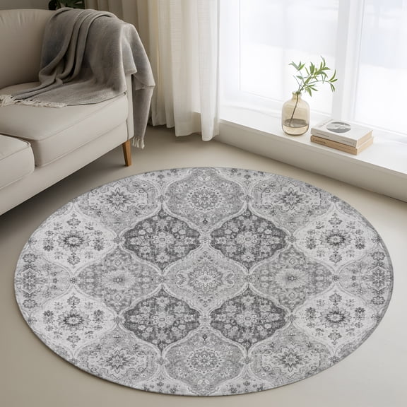 Grey Boho 3ft Area Rug, Vintage Luxury Elegant Ethnic Tribe Washable Non-Slip Small Round Rugs for Entryway Bedroom Kitchen, Soft Circle Carpet for Dining Room, Playroom Nursery Rug