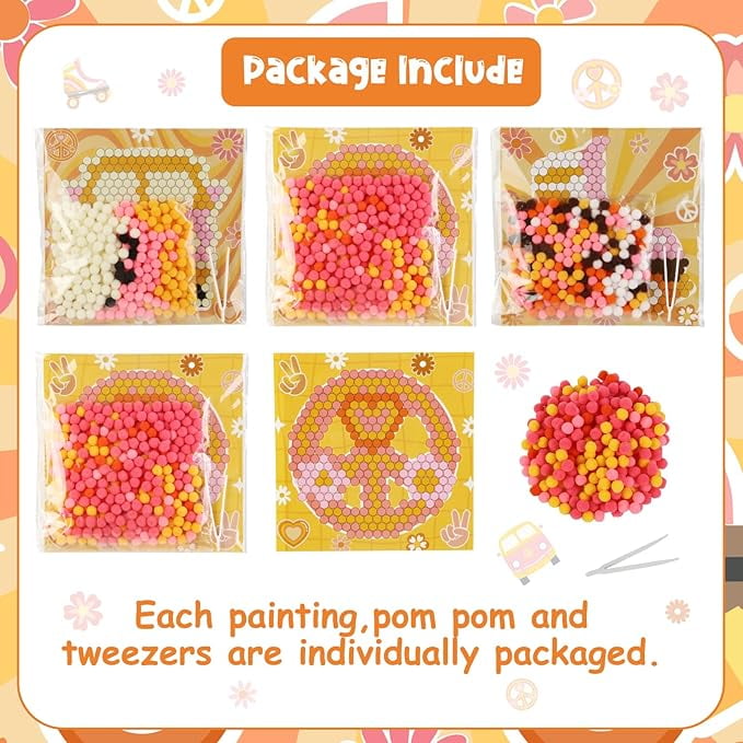 CORNER LACE Groovy Theme DIY Pom Pom Art Set for Kids Age 3-6 Years Old 3 Pieces - Fun Arts and Crafts, Sensory Activity Creativity Birthday Christmas Gift Includes 3 Patterns