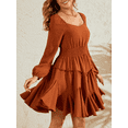 thumbnail image 2 of Fancyglim Women's Dress Square Neck Lantern Long Sleeve Mini Dress Smocked Waist A-Line Chiffon Wedding Guest Ruffled Dresses Brown XL, 2 of 5