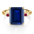 thumbnail image 2 of Gem Stone King 18K Yellow Gold Plated Silver 12X10MM Blue Simulated Sapphire and 2MM Red Created Ruby 3 Stone Engagement Ring for Women | 6.80 Cttw | Gemstone September Birthstone | Size 5, 2 of 3