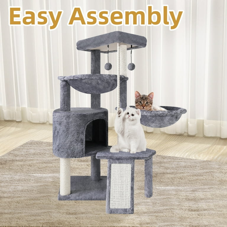 WK 37.4 Cat Tree Cat Tower with Scratching Posts Activity Centre Climbing Tree Cat Furniture with Cat Condo and Two Hammocks Grey