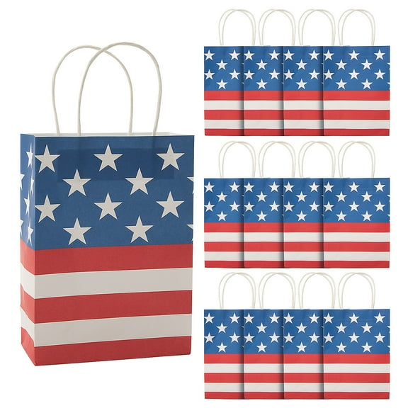 Fun Express Traditional American Flag Kraft Paper Gift Bags Medium 6 1/2" x 9" - 12 Pieces