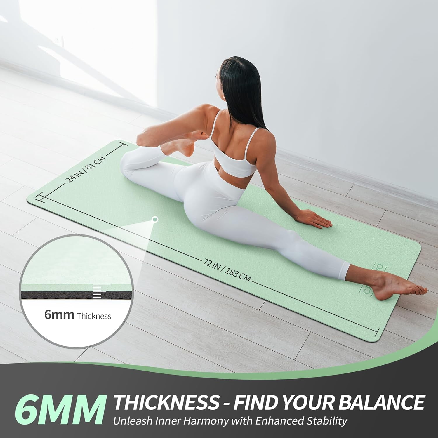 CAMBIVO Yoga Mat, 6mm Thick Eco Friendly TPE Workout Mat with Carrying Strap for Fitness, Gym and Floor Exercises, 72" x 24", Mint Green