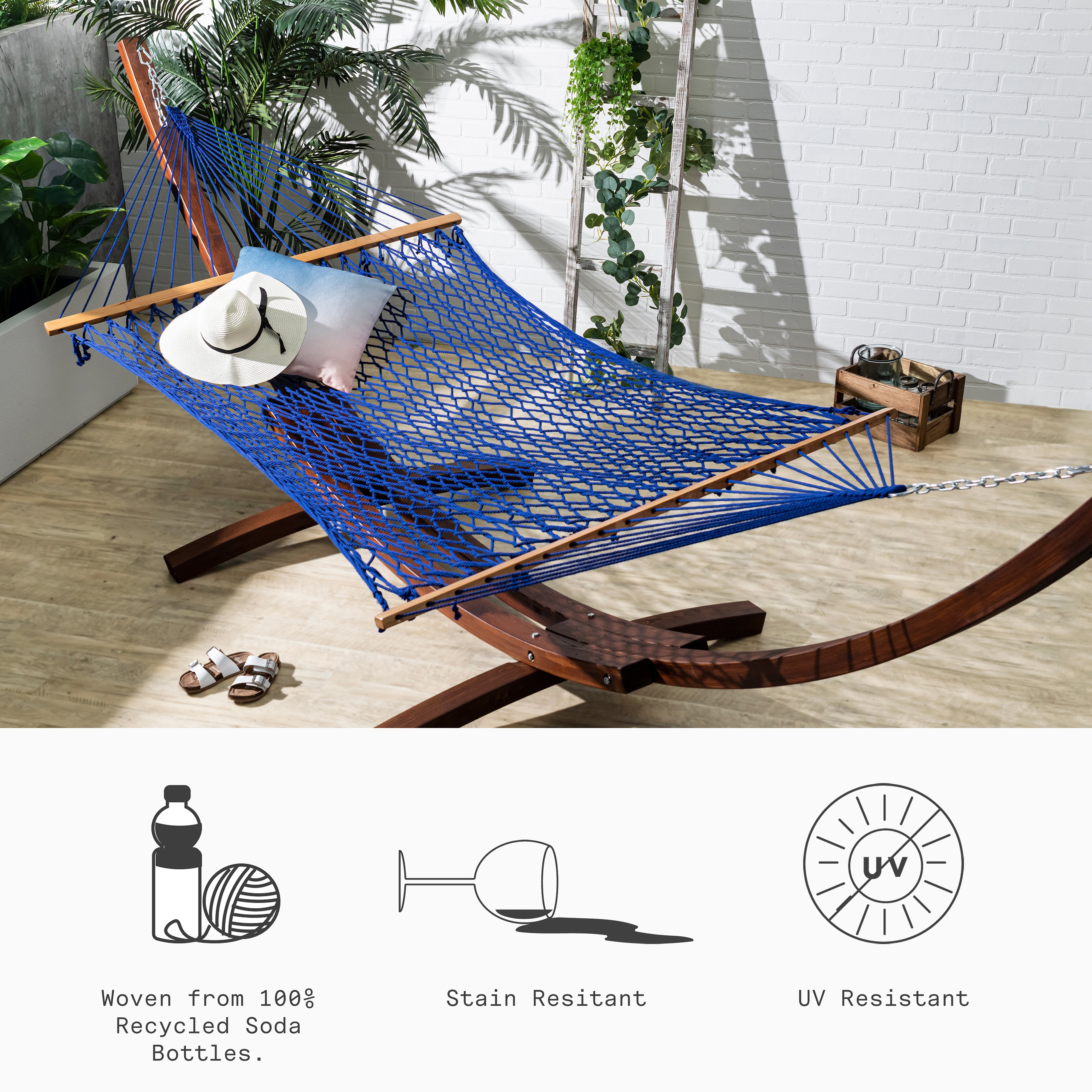 Fab Habitat Rope Recycled Polyester Hammock - Miami - Blue - Indoor/Outdoor, Quick Dry, 2 Person 400 lbs Capacity - Patio, Poolside, Backyard, Garden, Beach, Balcony - 12-14 ft Adjustable
