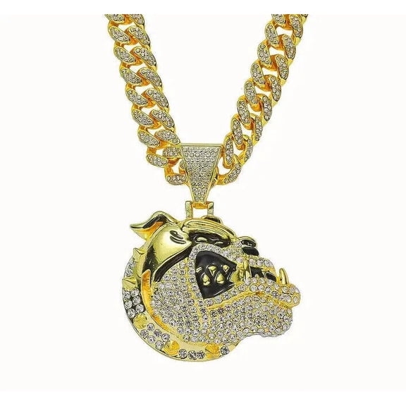 Bull Dog Large Gold Plated Pendant & 13mm 20" & Iced Cubic Zirconia Bling Chain Hip Hop Necklace