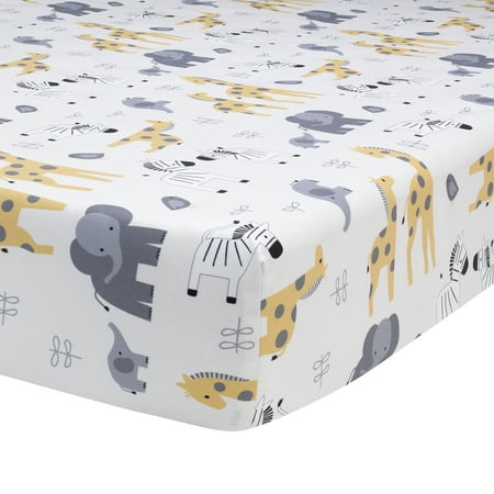 - Lambs & Ivy Me & Mama Cotton Fitted Crib Sheet - Gray, White, Animals, Safari