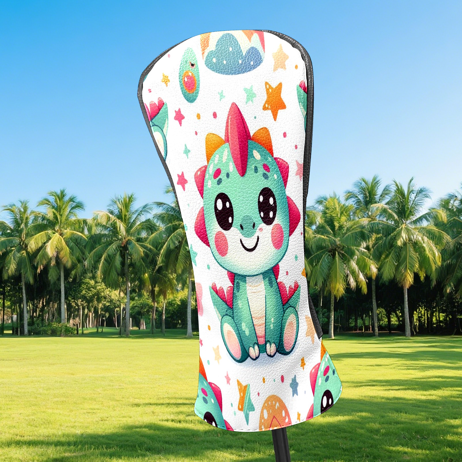 Golf Club Covers, Rainbow Cartoon Dinos Premium PU Leather Driver Hybrid Putter Head Covers with Velvet Lining, Waterproof Golf Gifts for Men Women