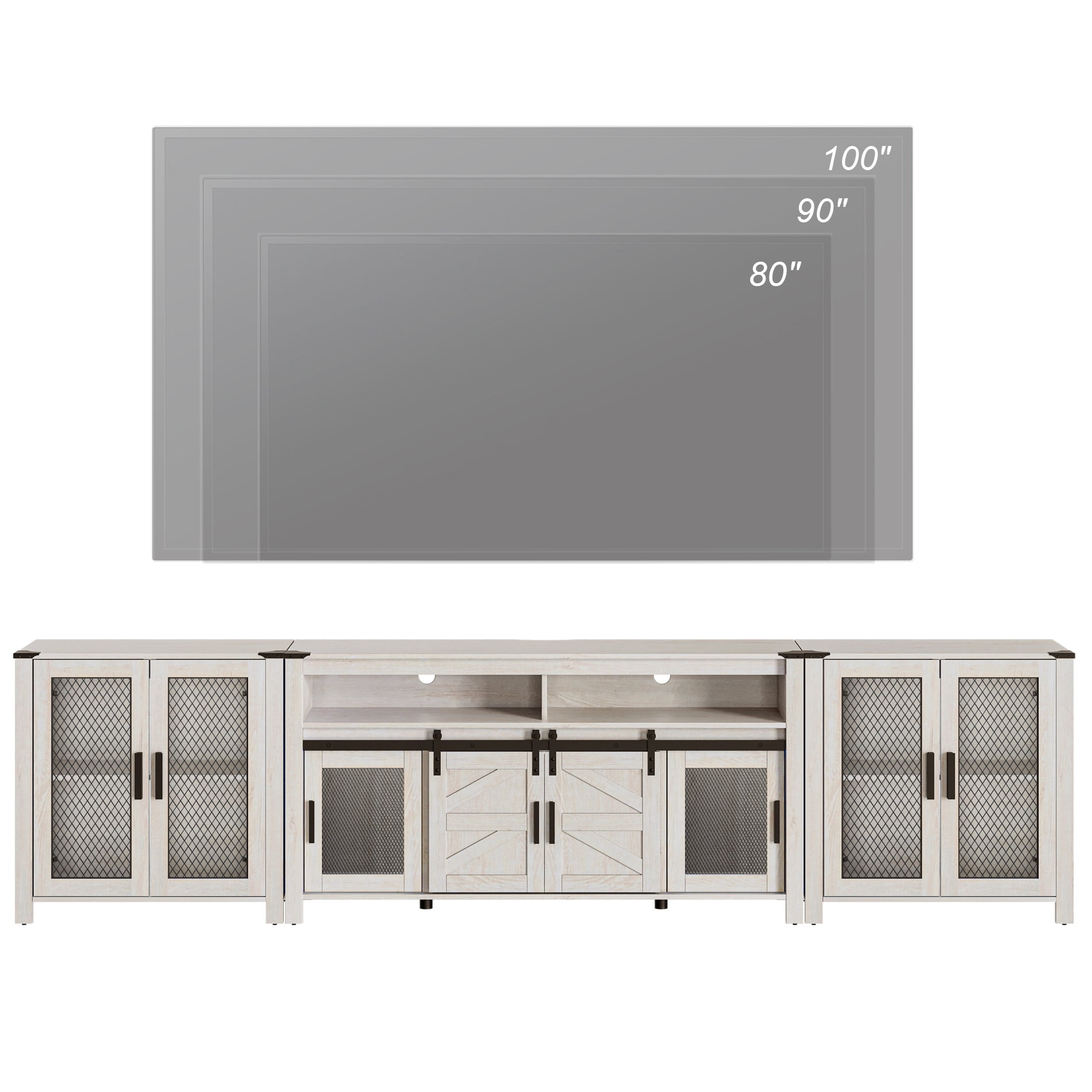 WAMPAT 2 in 1 TV Stand set for ups to 100 inch TV,Farmhouse Entertainment Center with Sliding Barn Door,Media TV Console Table with Adjustable Shelf for Living Room Bedroom，Antique White