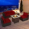 thumbnail image 3 of Patiojoy 6 PCS Patio Wicker Furniture Set With 30" Gas Fire Pit Table 50,000 BTU Red Cushions, 3 of 10