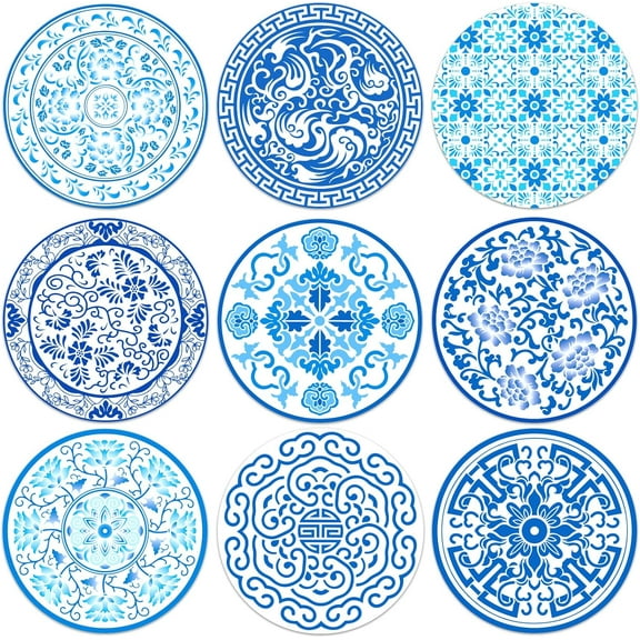 1set 9pcs Blue and White Printed Cork Cushion 4inch Round Absorbent Drink Coasters for Mugs and Cups Office Kitchen 0.5cm Thick