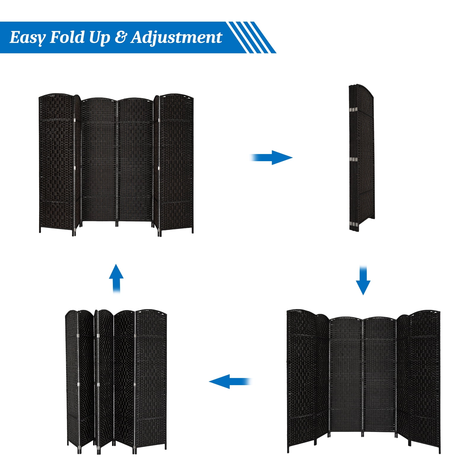 VINGLI 6-Panels Rattan Room Divider, 6 ft Folding Privacy Screen(Black)