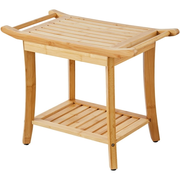 KFFKFF Bamboo Bath Bench, Dimensions 24 x 13.8 x 18.9 inches, Water-Resistant Bathing Chair with Storage Rack and Handle, Supports up to 300 lbs, Spa Bathing Seat Holder, Suitable for Adults, Seniors