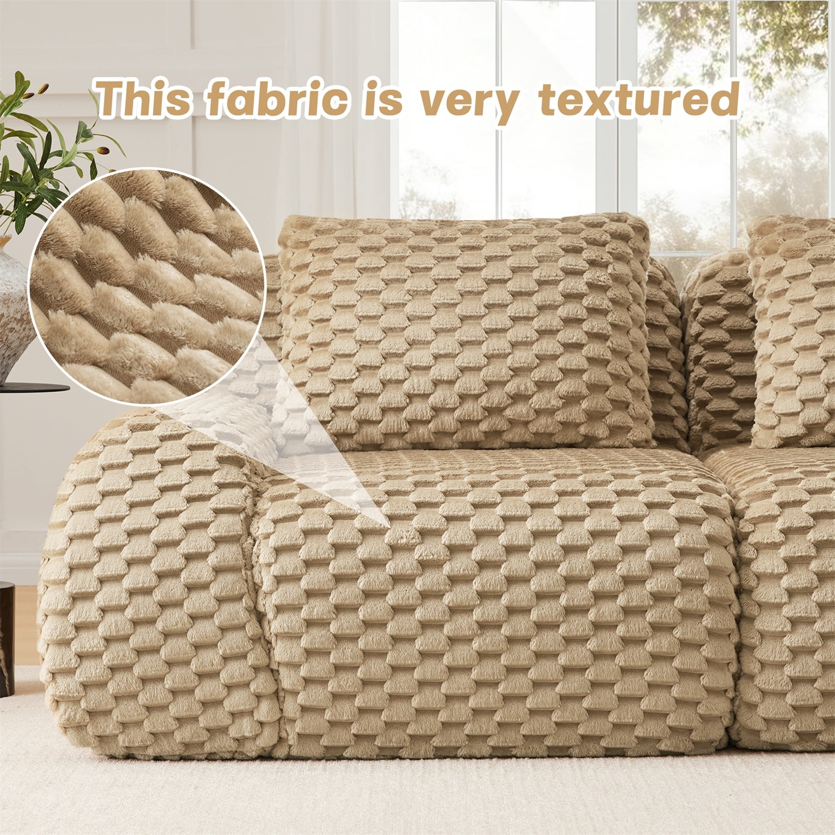 Alvantor 146" Cloud Modular Sectional Sofa with Movable Ottoman, U Shaped Deep Seat Flannelette Boneless Couch for Living Room Bedroom Light Camel
