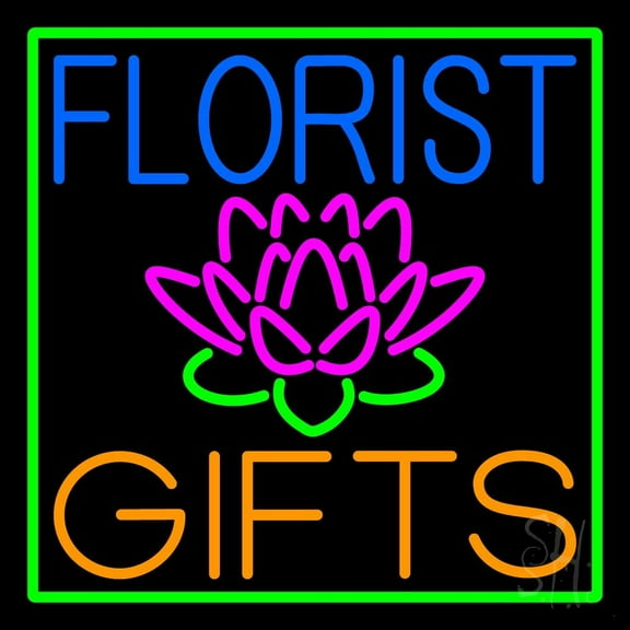 Florists Gifts Green Border LED Neon Sign 16" Tall x 16" Wide - inches, Black Square Cut Acrylic Backing, with Dimmer - Premium built indoor Sign for Storefront, Store interior.
