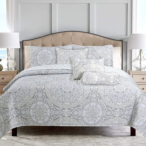 Juego de edredón reversible con diseño floral, colcha ligera para todas las estaciones, gris, tamaño Queen, 3 piezas