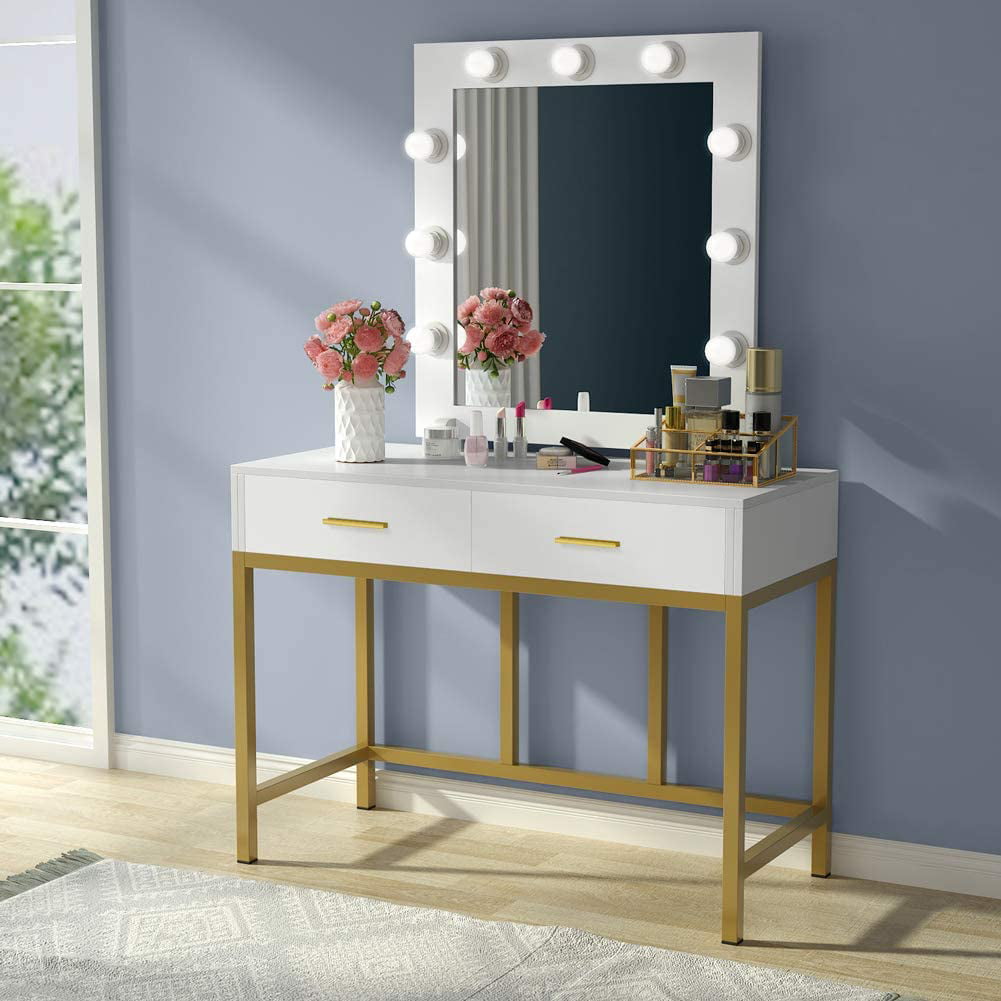 Vanity Table With Lighted Mirror, Gold Glass Vanity Table