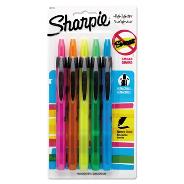 Sharpie Retractable Highlighters Chisel Tip Assorted Fluorescent Colors 5/Set