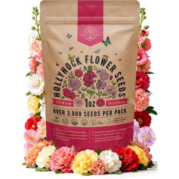 Organo Republic Hollyhock Flower Seeds 1 oz, 3,000 Non-GMO Heirloom Perennial Flower Seeds for Planting, Outdoor & Indoor Garden Seed Mix