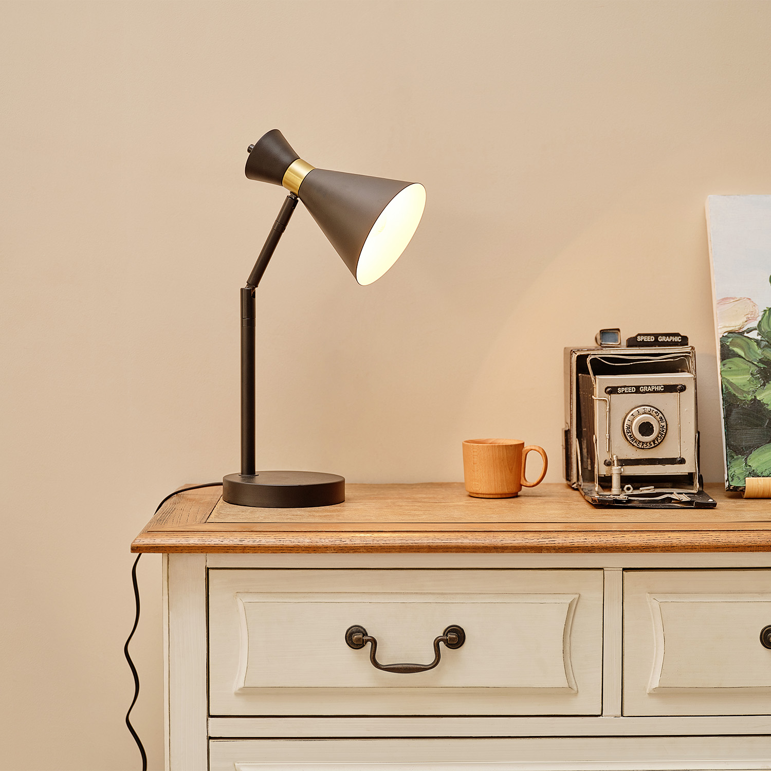 16" Matte Black Desk Lamp with Matte Brass Accents and Metal Shade