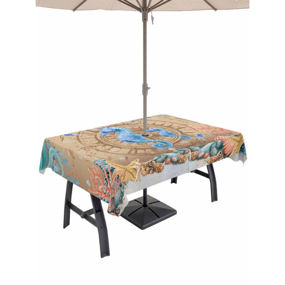 Outdoor Tablecloth with Umbrella Hole for Patio/Picnic/Party/Camping, Seahorse Coastal Waterproof Table Cloth Rectangle Table Cover Washable, Summer Nautical Starfish Coral Brown Anchor (54"x 80")