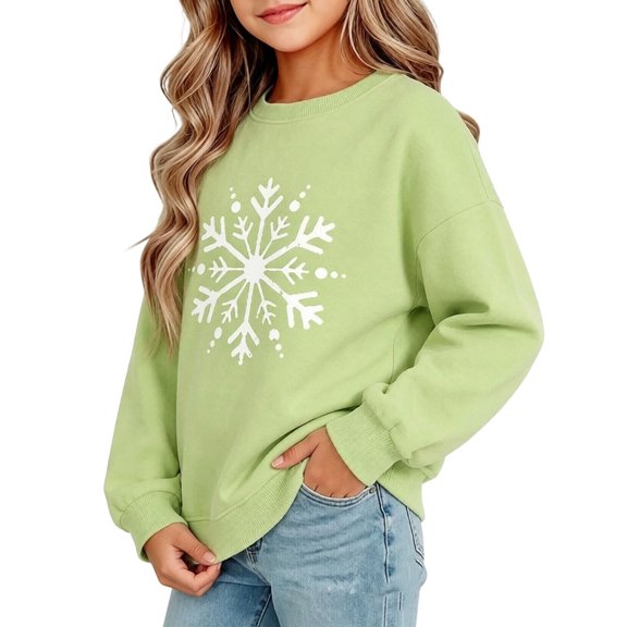 fnnxnal Girls Green Snowflake Print Crew Neck Sweatshirt CottonOversized Long Sleeve,Size 2-3T