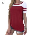 thumbnail image 1 of Camiseta de mujer Blusa de cuello redondo de manga corta con bloque de color a rayas, rojo vino, S Monstrate AP001633-06, 1 of 6