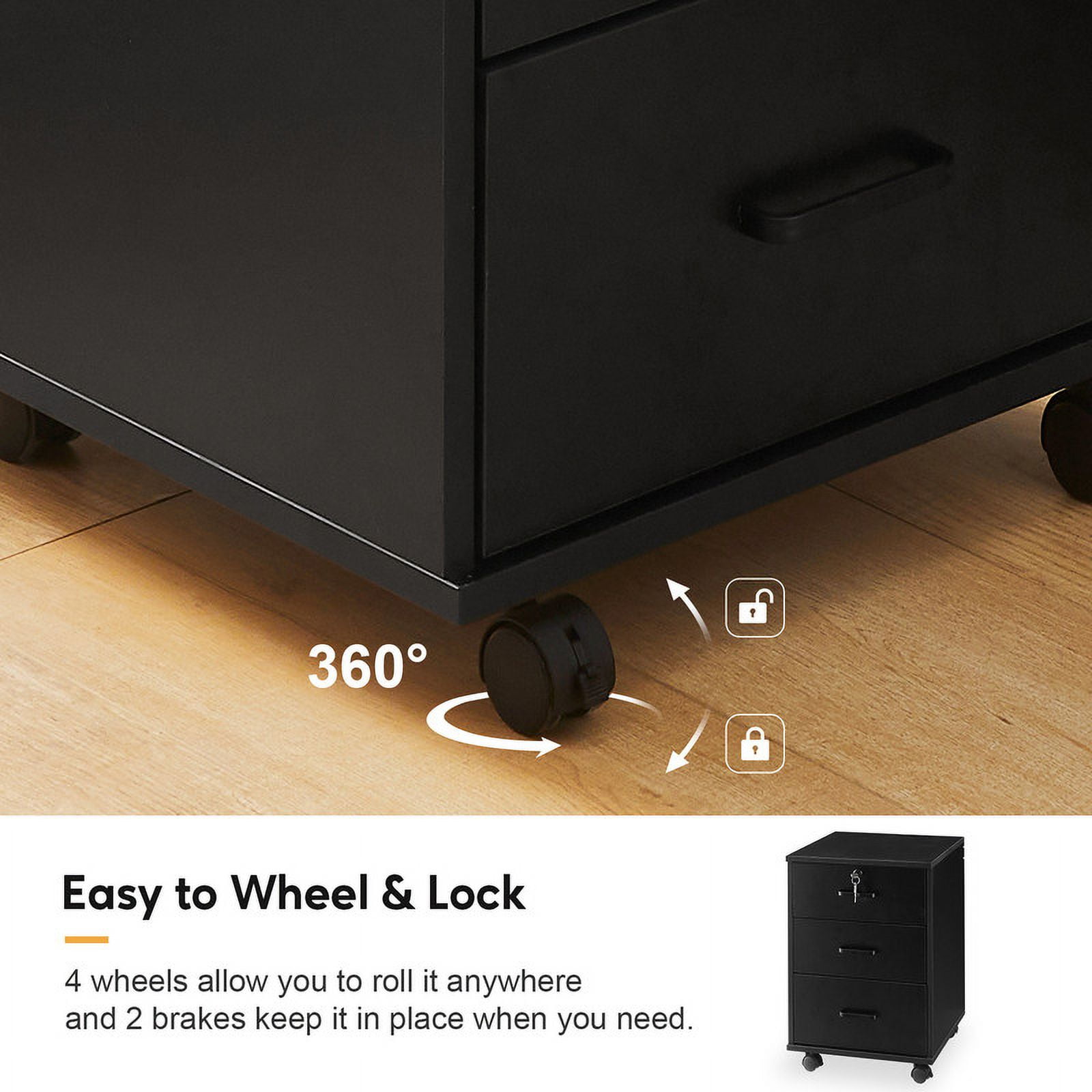 Clipop Set of 2 Mobile File Cabinet 3 Drawers,Lockable Wooden Cabinet,for A4 Sized Documents,Black