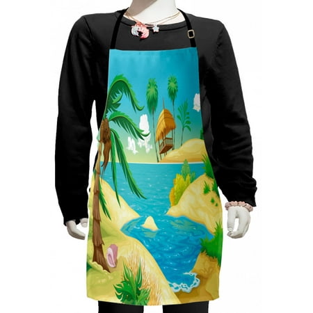 

Tropical Kids Apron Beach View Cartoon with an Arbor Trees Foliage Plants Nursery Print Boys Girls Apron Bib with Adjustable Ties for Cooking Baking Painting Green Mustard Sky Blue by Ambesonne